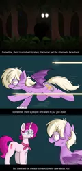 Size: 1864x3872 | Tagged: safe, artist:pencil bolt, derpibooru import, oc, oc:pinkfull night, oc:ruby radiance, unofficial characters only, bat pony, pony, unicorn, bat pony oc, bat wings, broken glass, bullet, chase, comic, fangs, female, forest, glasses, glowing eyes, gritted teeth, hunted, looking at each other, looking at you, mare, messy mane, reassurance, running, scratches, shadow, slit eyes, staring at you, teenager, wings