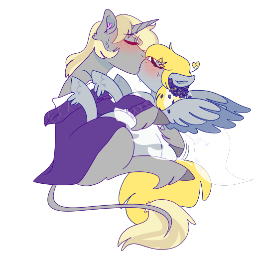 Size: 540x512 | Tagged: suggestive, artist:cubbybatdoodles, derpibooru import, derpy hooves, ditzy doo, oc, oc:duke greywinter, pegasus, pony, unicorn, blushing, canon x oc, female, husband and wife, kissing, leonine tail, male, mare, simple background, stallion, straight, transparent background