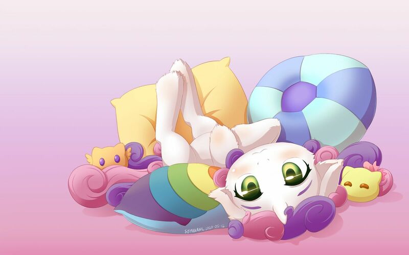 Size: 1600x1000 | Tagged: safe, artist:symbianl, derpibooru import, sweetie belle, pony, unicorn, behaving like a cat, blushing, cute, diasweetes, female, filly, floppy ears, on back, pillow, smiling, solo, upside down