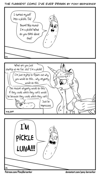 Size: 1320x2309 | Tagged: safe, artist:pony-berserker, derpibooru import, princess celestia, princess luna, alicorn, pony, comic, dialogue, duo, food, monochrome, pickle, pickle rick, rick and morty, speech bubble