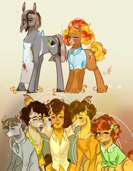 Size: 1500x1932 | Tagged: safe, artist:bunnari, derpibooru import, cheese sandwich, mudbriar, oc, oc:cheddar fondue, oc:clay pot pasta, oc:curly fries, oc:pepper sandwich, oc:rock salt soup, earth pony, pony, female, male, mare, stallion