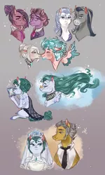 Size: 1200x2000 | Tagged: safe, artist:bunnari, derpibooru import, cloudy quartz, granny pie, igneous rock pie, nana pinkie, oc, oc:alabaster stone, oc:cloud puff, oc:feldspar granite, oc:immaculate quartz, oc:milky quartz, earth pony, pegasus, pony, clothes, dress, female, male, mare, stallion, wedding dress, younger