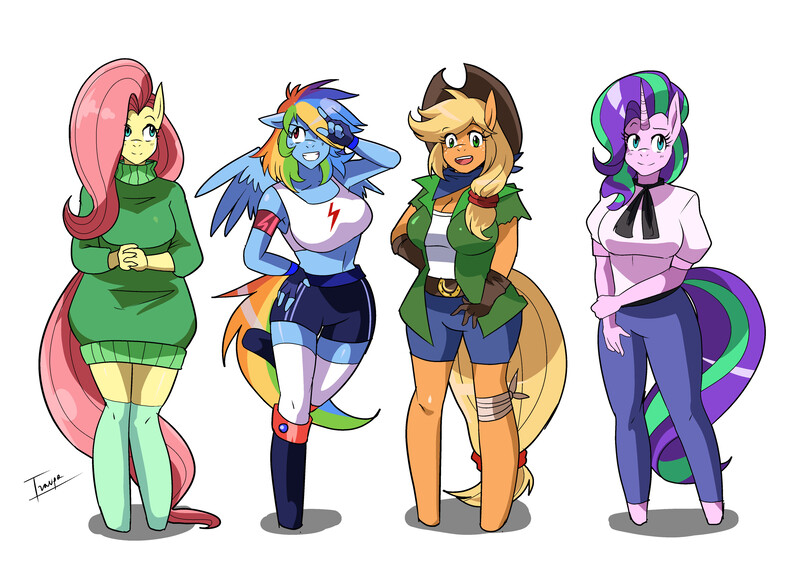 Size: 3472x2447 | Tagged: safe, artist:traupa, derpibooru import, applejack, fluttershy, rainbow dash, starlight glimmer, anthro, bat pony, earth pony, pegasus, unguligrade anthro, unicorn, breasts, busty applejack, busty fluttershy, busty rainbow dash, busty starlight glimmer, clothes, cowboy hat, digital art, female, flutterbat, hat, race swap, shirt, shorts, simple background, smiling, socks, stetson, sweater, sweatershy, tanktop, trousers, white background