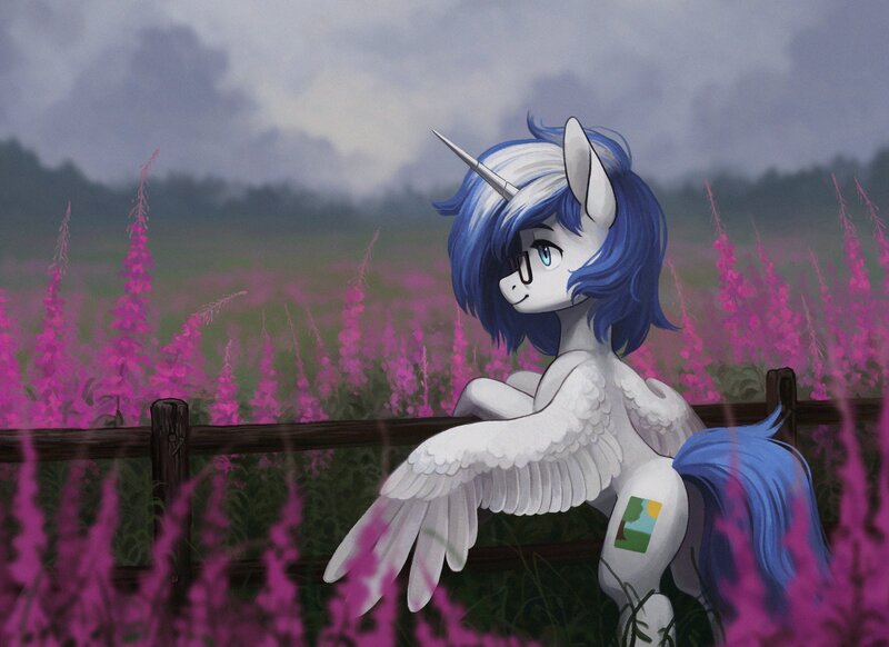 Size: 2747x2000 | Tagged: safe, artist:koviry, derpibooru import, oc, unofficial characters only, alicorn, pony, alicorn oc, field, horn, solo, wings