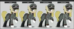 Size: 1280x512 | Tagged: safe, artist:brony-works, derpibooru import, oc, unofficial characters only, earth pony, pony, blonde, blushing, boots, clothes, earth pony oc, eyelashes, female, hat, helmet, mare, nazi, nazi germany, nazi uniform, nazipone, raised hoof, reference sheet, shoes, simple background, smiling, solo, tail, uniform, world war ii