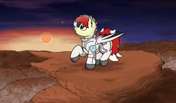 Size: 3000x1764 | Tagged: safe, artist:aaathebap, derpibooru import, oc, oc:aaaaaaaaaaa, bat pony, astronaut, solo, space, spacesuit, sun