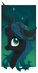 Size: 3000x5705 | Tagged: abstract background, absurd resolution, artist:belka-sempai, bust, changeling, changeling queen, crown, cute, cutealis, derpibooru import, female, horn, jewelry, portrait, profile, queen chrysalis, regalia, safe, smiling, solo