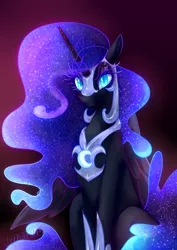 Size: 2480x3508 | Tagged: safe, artist:daryaberry, derpibooru import, nightmare moon, alicorn, pony, blue eyes, ethereal mane, eyelashes, female, high res, hoof shoes, horn, jewelry, looking at you, mare, nicemare moon, regalia, signature, sitting, smiling, solo, starry mane, wings