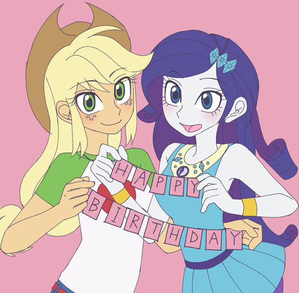 Size: 2048x2007 | Tagged: safe, artist:haibaratomoe, derpibooru import, applejack, rarity, equestria girls, equestria girls series, female, happy birthday, lesbian, open mouth, rarijack, shipping