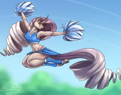 Size: 1267x1000 | Tagged: safe, artist:sunny way, derpibooru import, oc, oc:sumac spirit, unofficial characters only, anthro, unguligrade anthro, unicorn, anthro oc, armpits, breasts, cheerleader, clothes, cloven hooves, cute, female, horn, jumping, long hair, looking at you, lovely, mare, midriff, patreon, patreon reward, pom pom, sideass, skirt, smiling, smiling at you, solo, sports bra