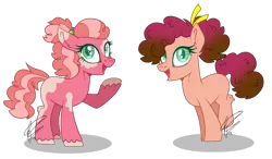 Size: 1280x745 | Tagged: safe, artist:noctis-stella, derpibooru import, oc, unofficial characters only, earth pony, pony, blank flank, duo, female, green eyes, half-sisters, mare, offspring, parent:big macintosh, parent:cheese sandwich, parent:pinkie pie, parents:cheesepie, parents:pinkiemac, siblings, simple background, sisters, transparent background