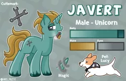 Size: 2383x1543 | Tagged: safe, artist:redpalette, derpibooru import, oc, oc:javert, dog, unicorn, cigar, cute, male, pet, reference sheet, smiling, smoking, stallion