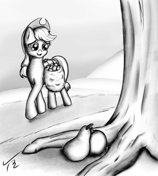 Size: 1024x1138 | Tagged: safe, alternate version, artist:tunrae, derpibooru import, applejack, earth pony, pony, apple, bag, black and white, digital art, female, food, grayscale, hat, implied bright mac, implied pear butter, monochrome, pear, saddle bag, solo, tree, walking