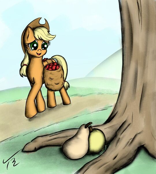 Size: 1024x1138 | Tagged: safe, alternate version, artist:tunrae, derpibooru import, applejack, earth pony, pony, apple, bag, digital art, female, food, hat, implied bright mac, implied pear butter, pear, saddle bag, solo, tree, walking