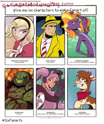 Size: 1715x2048 | Tagged: arizona cow, artist:saturdaymorningproj, community related, cow, crossover, derpibooru import, dick tracy, doom, doom 2016, doomguy, doom slayer, dorothy catalonia, entrapta, gundam wing, safe, she-ra and the princesses of power, six fanarts, steven magnet, them's fightin' herds