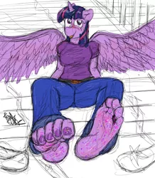 Size: 524x600 | Tagged: suggestive, artist:fetishsketches, derpibooru import, twilight sparkle, twilight sparkle (alicorn), alicorn, anthro, plantigrade anthro, barefoot, breasts, clothes, commission, doodle, feet, female, fetish, flats, foot fetish, glitter, jeans, painted toenails, pants, shoes, soles, solo, solo female, toes, tongue out