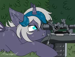 Size: 2192x1657 | Tagged: safe, artist:murmurrr, derpibooru import, oc, oc:elizabat stormfeather, unofficial characters only, alicorn, bat pony, bat pony alicorn, pony, alicorn oc, bat pony oc, bat wings, bush, commission, female, grass, gun, horn, mare, one eye closed, prone, rifle, sniper rifle, solo, weapon, wings, ych result