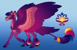 Size: 5100x3300 | Tagged: safe, artist:turnipberry, deleted from derpibooru, derpibooru import, oc, unofficial characters only, pegasus, pony, blue background, cheek feathers, colored fetlocks, commission, cutie mark, leonine tail, magical lesbian spawn, male, offspring, parent:sunset shimmer, parent:twilight sparkle, parents:sunsetsparkle, realistic horse legs, simple background, solo, stallion, unshorn fetlocks