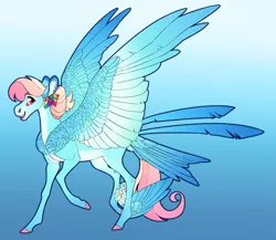 Size: 3743x3255 | Tagged: safe, artist:turnipberry, deleted from derpibooru, derpibooru import, oc, oc:honeysuckle, unofficial characters only, pegasus, pony, blue background, colored hooves, commission, female, magical lesbian spawn, mare, offspring, parent:fluttershy, parent:rainbow dash, parents:flutterdash, raised hoof, realistic horse legs, simple background, solo, tail feathers, winged hooves