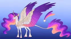 Size: 5100x2796 | Tagged: safe, artist:turnipberry, deleted from derpibooru, derpibooru import, oc, oc:starblaze, unofficial characters only, alicorn, pony, alicorn oc, blue background, colored hooves, colored wings, commission, curved horn, cutie mark, ethereal mane, gradient wings, horn, leonine tail, magical lesbian spawn, male, multicolored wings, offspring, parent:princess celestia, parent:rainbow dash, parents:dashlestia, realistic horse legs, simple background, solo, spread wings, stallion, unshorn fetlocks, wings