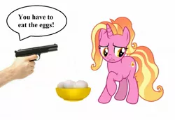 Size: 1215x834 | Tagged: abuse, artist:crystalmagic6, cool hand luke, derpibooru import, edit, egg, gun, lusterbuse, luster dawn, movie reference, reference, semi-grimdark, the last problem, tt-33, weapon, you have to eat all the eggs