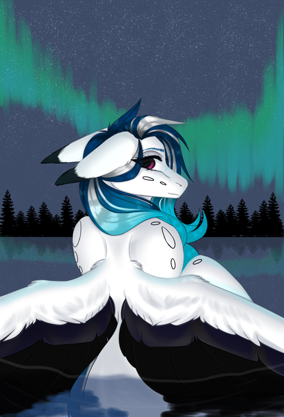 Size: 2696x3967 | Tagged: artist:charlotteartz, aurora borealis, derpibooru import, female, mare, oc, oc:marie pixel, pegasus, safe, solo, water