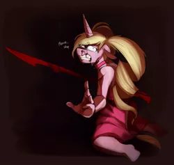 Size: 1735x1643 | Tagged: grimdark, artist:redxbacon, derpibooru import, oc, oc:eureka, unofficial characters only, anthro, unicorn, blood, stabbing, sword, weapon