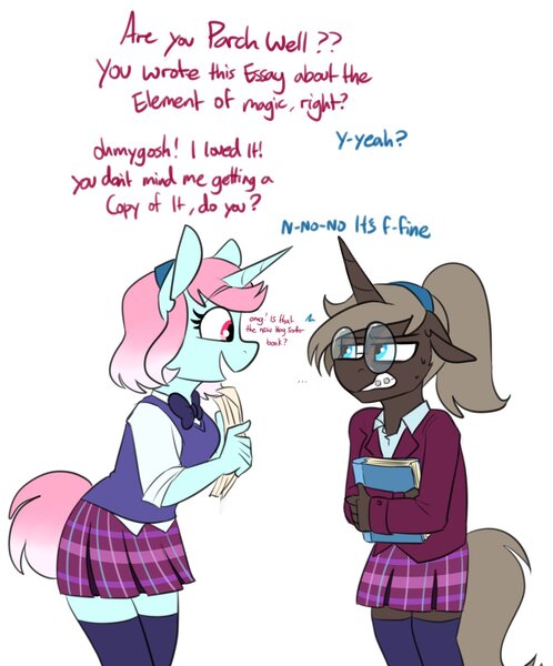 Size: 1391x1675 | Tagged: safe, artist:redxbacon, derpibooru import, oc, oc:history quill, oc:parch well, unofficial characters only, anthro, unicorn, book, bowtie, braces, clothes, crystal prep academy uniform, cute, embarrassed, glasses, hairband, jacket, ocbetes, plaid skirt, pleated skirt, ponytail, school uniform, schoolgirl, simple background, skirt, social anxiety, socks, sweat, thigh highs, vest, white background, younger