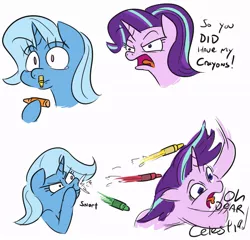 Size: 931x892 | Tagged: safe, artist:jargon scott, derpibooru import, starlight glimmer, trixie, pony, unicorn, comic, crayon, dialogue, don't try this at home, duo, female, mare, pew pew, simple background, teary eyes, the simpsons, white background