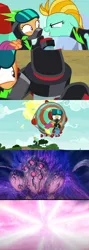 Size: 1280x3600 | Tagged: safe, artist:mega-poneo, derpibooru import, edit, edited screencap, screencap, lightning dust, scootaloo, pegasus, pony, abuse, astral chain, clothes, comic, crossover, explosion, female, filly, helmet, mare, meme, scootabuse, screencap comic, the washouts, uniform, video game, washouts uniform