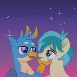 Size: 1080x1080 | Tagged: safe, artist:cloudyglow, derpibooru import, gallus, sandbar, earth pony, gryphon, pony, blushing, cute, gallabetes, gallbar, gay, interspecies, looking at each other, male, sandabetes, shipping, stallion, starry night, stars, teenager, twilight (astronomy)