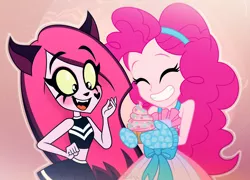 Size: 2880x2071 | Tagged: safe, artist:felux, derpibooru import, pinkie pie, anthro, cat, human, equestria girls, equestria girls series, alternate clothes, apron, breasts, cat ears, cheerleader, clothes, crossover, cupcake, cute, diapinkes, duo, eyelashes, eyes closed, eyeshadow, fangs, female, food, makeup, open mouth, pinky, show accurate, simple background, skirt, smiling, smirk, teen-z