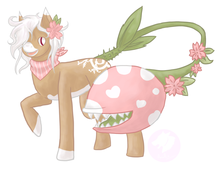 Size: 1762x1389 | Tagged: artist:wendigold, augmented tail, derpibooru import, female, flower, flower in hair, hair over one eye, monster pony, neckerchief, oc, oc:bloom, oc:blossom, original species, piranha plant pony, plant, plant pony, safe, sharp teeth, signature, simple background, smiling, teeth, transparent background