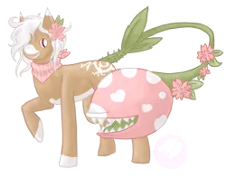 Size: 1762x1389 | Tagged: artist:wendigold, augmented tail, derpibooru import, female, flower, flower in hair, hair over one eye, monster pony, neckerchief, oc, oc:bloom, oc:blossom, original species, piranha plant pony, plant, plant pony, safe, sharp teeth, signature, simple background, smiling, teeth, transparent background