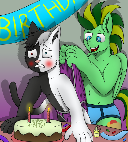 Size: 3629x4032 | Tagged: suggestive, artist:tacomytaco, derpibooru import, oc, oc:darth zion, oc:taco.m.tacoson, unofficial characters only, anthro, cat, pegasus, pony, belly button, birthday, blue underwear, blushing, briefs, cake, candle, clothes, food, gritted teeth, humiliation, male, males only, pain, partial nudity, purple underwear, topless, underwear, wedgie