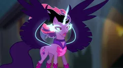 Size: 1080x596 | Tagged: safe, artist:diamond_confetti, derpibooru import, twilight sparkle, ponified, alicorn, pony, equestria girls, base used, equestria girls ponified, female, glowing horn, horn, image, jpeg, mare, midnight sparkle, open mouth, princess midnight, solo, spread wings, wings