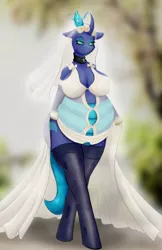 Size: 1080x1669 | Tagged: anthro, artist:shamziwhite, belly, big belly, big breasts, blue changeling, breasts, bride, changeling, choker, clothes, crown, derpibooru import, dress, fat, female, gloves, horn, jewelry, lip piercing, lipstick, long dress, long gloves, looking at you, oc, oc:sektiss, piercing, regalia, socks, solo, standing, stockings, suggestive, thigh highs, wedding dress
