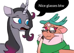 Size: 1001x722 | Tagged: safe, artist:uselessgarbage, derpibooru import, cashmere (tfh), oleander (tfh), deer, reindeer, unicorn, them's fightin' herds, cashleander, clothes, cloven hooves, community related, duo, female, glasses, image, mare, png, scarf, simple background, white background, word balloon