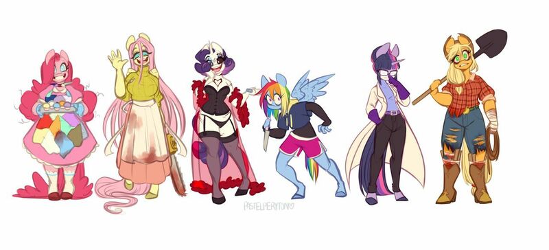 Size: 1280x583 | Tagged: grimdark, artist:pastelperyton, artist:physisinwonderland, derpibooru import, applejack, fluttershy, pinkie pie, rainbow dash, rarity, twilight sparkle, anthro, earth pony, pegasus, unguligrade anthro, unicorn, .mov, fanfic:an apple sleep experiment, fanfic:cupcakes, fanfic:rocket to insanity, fanfic:the experiments of twilight sparkle, shed.mov, applejack's hat, apron, bandage, belt, blood, boots, butchershy, chainsaw, clothes, cowboy hat, cupcake, dress, fanfic art, food, glasses, hat, jeans, lab coat, lasso, lil miss rarity, mane six, oven mitts, panties, pants, rope, scar, shadow, shoes, shorts, shovel, simple background, socks, stockings, sweater, thigh highs, underwear, white background