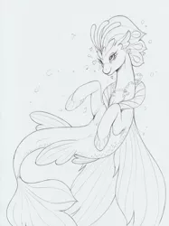 Size: 1238x1654 | Tagged: artist:longinius, blushing, bubble, crown, derpibooru import, female, fins, fin wings, fish tail, heart, jewelry, monochrome, my little pony: the movie, necklace, pretty, queen, queen novo, regalia, safe, seapony (g4), seashell necklace, simple background, smiling, solo, tail, traditional art, underwater, white background, wings