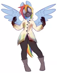 Size: 609x780 | Tagged: anthro, artist:pastelperyton, artist:physisinwonderland, blood, boots, clothes, derpibooru import, fanfic:rainbow factory, gas mask, gloves, grimdark, lab coat, liquid rainbow, mask, pants, pegasus, rainbow dash, rainbow factory dash, shoes, spectra, unguligrade anthro