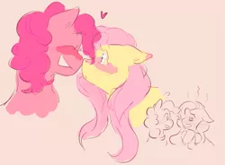 Size: 887x652 | Tagged: safe, artist:marshukitty, derpibooru import, fluttershy, pinkie pie, earth pony, pegasus, pony, blushing, boop, bust, eyes closed, female, flutterpie, heart, lesbian, noseboop, pink background, shipping, simple background, swirly eyes