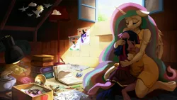 Size: 3200x1800 | Tagged: safe, artist:fidzfox, derpibooru import, princess celestia, twilight sparkle, alicorn, anthro, bird, unguligrade anthro, unicorn, book, clothes, comforting, crying, cute, dead, drawing, dress, eraser, eyes closed, feels, female, image, jpeg, kneeling, lamp, momlestia, open mouth, paper, pencil, sad, sadorable, skirt, sundress, sunlight, tearjerker, unicorn twilight, younger