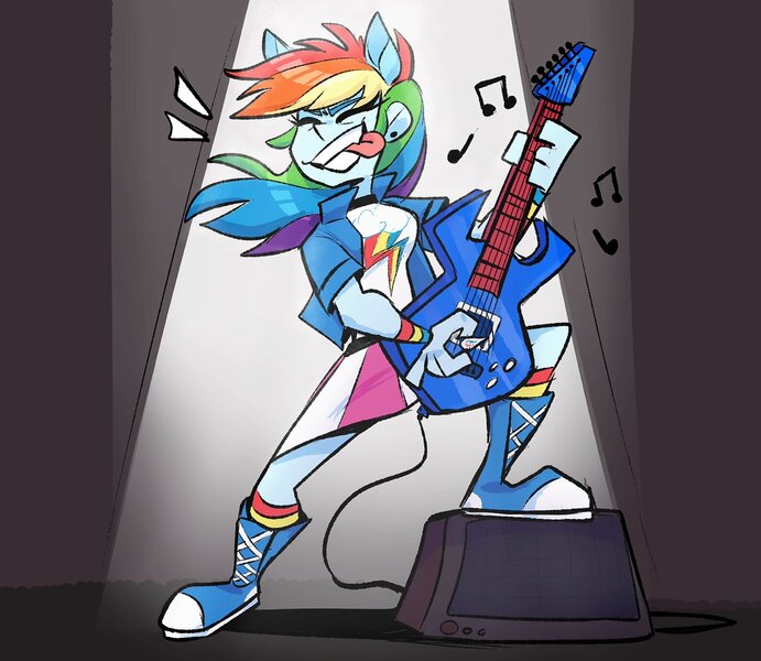 Size: 1408x1222 | Tagged: safe, artist:klhpyro, derpibooru import, rainbow dash, equestria girls, rainbow rocks, awesome as i want to be, boots, clothes, coat, electric guitar, guitar, music notes, musical instrument, ponied up, shirt, shoes, skirt, sneakers, solo, spotlight, tongue out