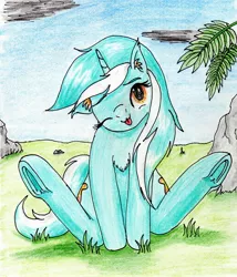 Size: 2336x2724 | Tagged: safe, artist:40kponyguy, derpibooru import, lyra heartstrings, unicorn, 30 minute art challenge, ;p, both cutie marks, bunny sitting, chest fluff, cute, ear fluff, floppy ears, grass, head tilt, lyrabetes, one eye closed, solo, tongue out, traditional art, underhoof, wink