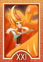 Size: 1200x1728 | Tagged: safe, artist:howxu, derpibooru import, part of a set, sunset shimmer, phoenix, equestria girls, clothes, cosplay, costume, electric guitar, female, flcl, flying v, gloves, guitar, guitar pick, haruhara haruko, musical instrument, roman numerals, solo, symbol, tarot card, the world, windswept hair