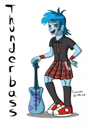 Size: 2044x2905 | Tagged: safe, artist:luzaver, derpibooru import, thunderbass, human, equestria girls, equestria girls series, chains, clothes, converse, crossdressing, electric guitar, genderfluid, guitar, looking at you, male, musical instrument, necktie, nonbinary, pose, shirt, shoes, simple background, skirt, socks, solo, text, white background, wristband