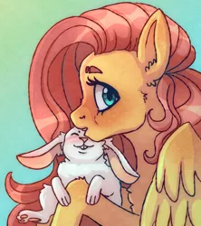 Size: 2400x2700 | Tagged: safe, artist:theswingingcat, derpibooru import, angel bunny, fluttershy, pegasus, pony, rabbit, animal, bust, chest fluff, duo, female, looking at you, male, mare, paws, profile, underpaw, wings