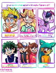 Size: 1280x1657 | Tagged: alicorn, artist:clubmnika, bust, crossover, derpibooru import, dipper pines, female, gravity falls, grin, hat, human, izuku midoriya, mabel pines, male, mare, my hero academia, naruto, raised hoof, safe, six fanarts, smiling, star butterfly, star vs the forces of evil, twilight sparkle, twilight sparkle (alicorn), underhoof, wakfu, yugo