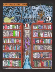 Size: 2514x3274 | Tagged: artist:oatmeal155, book, bookshelf, comic, comic:oat.meal, derpibooru import, library, rain, safe, skull, traditional art